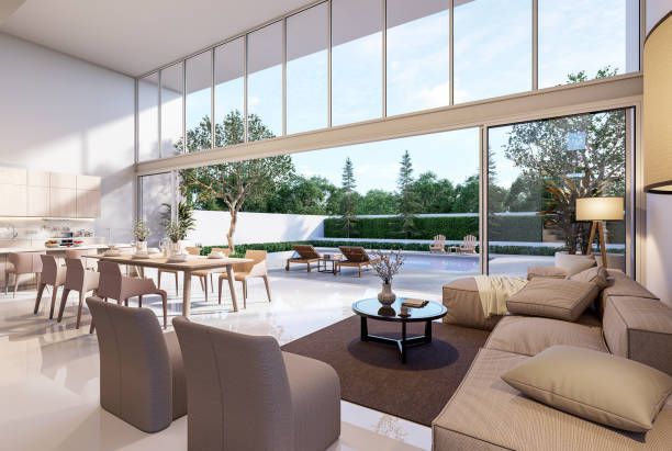 istock Modern style house interior with pool terrace background 3d render 1429256399