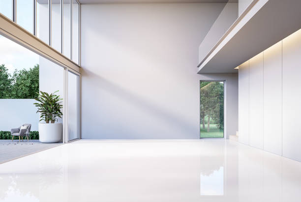 istock Minimal style modern white empty room with open sliding door to terrace 3d render 1429256400