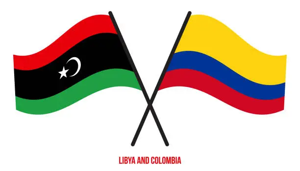 Vector illustration of Libya and Colombia Flags Crossed And Waving Flat Style. Official Proportion. Correct Colors.