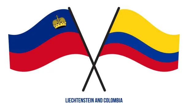 Vector illustration of Liechtenstein and Colombia Flags Crossed And Waving Flat Style. Official Proportion. Correct Colors.