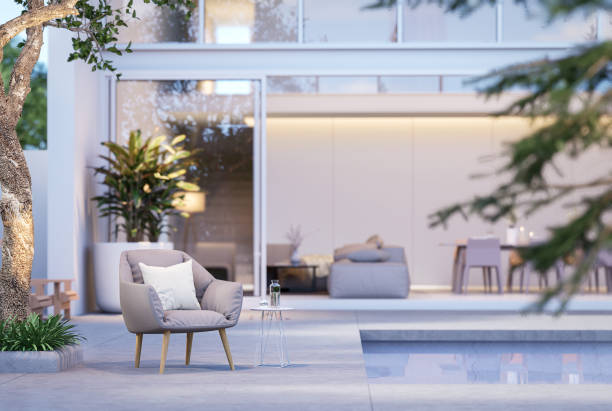 istock Modern style swimming pool terrace with blurry modern white background 3d render 1429258653