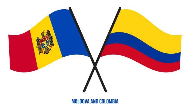 Vector illustration of Moldova and Colombia Flags Crossed And Waving Flat Style. Official Proportion. Correct Colors.