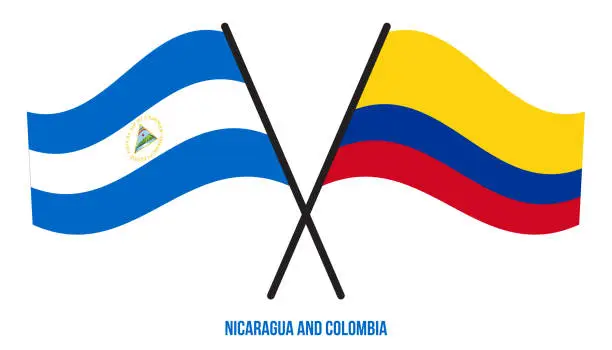 Vector illustration of Nicaragua and Colombia Flags Crossed And Waving Flat Style. Official Proportion. Correct Colors.