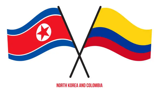 Vector illustration of North Korea and Colombia Flags Crossed And Waving Flat Style. Official Proportion. Correct Colors.