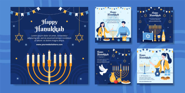 ilustrações, clipart, desenhos animados e ícones de feliz hanukkah feriado judeu social media postar modelo desenhado à mão desenho animado liso ilustração plana - holiday happiness menorah hanukkah