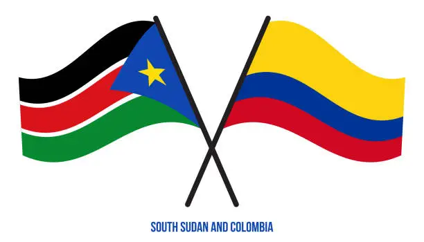 Vector illustration of South Sudan and Colombia Flags Crossed And Waving Flat Style. Official Proportion. Correct Colors.