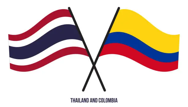 Vector illustration of Thailand and Colombia Flags Crossed And Waving Flat Style. Official Proportion. Correct Colors.