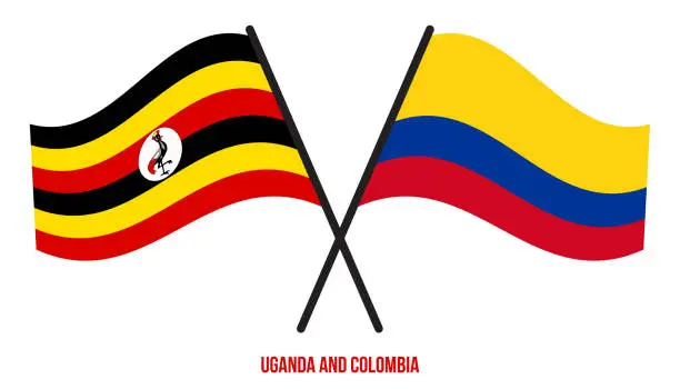 Vector illustration of Uganda and Colombia Flags Crossed And Waving Flat Style. Official Proportion. Correct Colors.