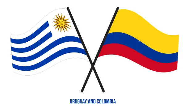 Vector illustration of Uruguay and Colombia Flags Crossed And Waving Flat Style. Official Proportion. Correct Colors.