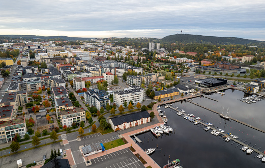 Aerial drone view of the city of Kuopio in Eastern finland., Norrthern Savonia