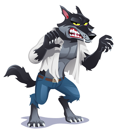 Vector illustration of a angry Werewolf wearing a shirt and jeans looking at the camera, isolated on white.