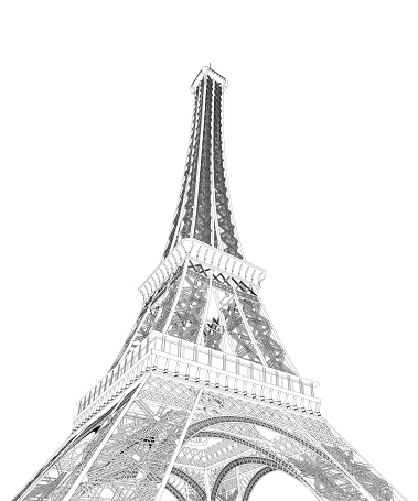 Outline of the Eiffel Tower from black lines isolated on a white background. Detailed tower. Bottom view. 3D. Vector illustration.