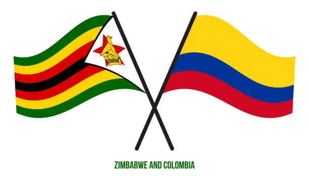 Vector illustration of Zimbabwe and Colombia Flags Crossed And Waving Flat Style. Official Proportion. Correct Colors.