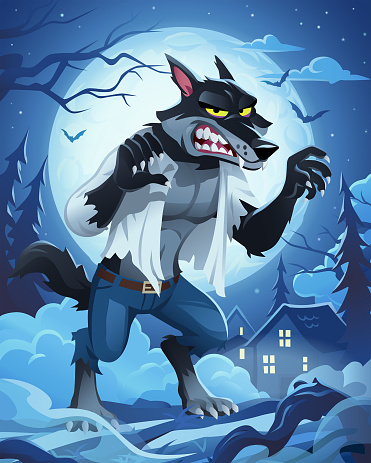 Vector illustration of a scary Werewolf standing the midst of a foggy rural landscape in front of a full moon. In the background are trees and a small village.