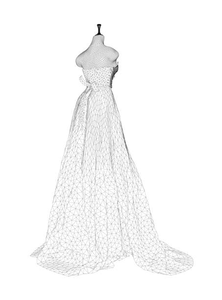 Wireframe of a wedding dress on a mannequin from black lines isolated on a white background. Back view. 3D. Vector illustration. Wireframe of a wedding dress on a mannequin from black lines isolated on a white background. Back view. 3D. Vector illustration. wedding dress back stock illustrations