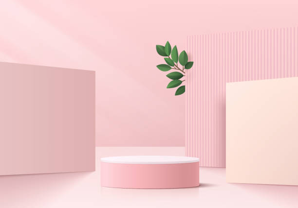 istock Realistic 3D pink, white cylinder pedestal podium with square shape scene background and green leaf. Vector abstract room, Geometric form. Minimal scene for products showcase, Stage promotion display. 1429264755