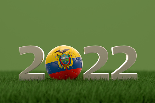 3d rendering of soccer ball with Ecuador flag on a grass field.  .