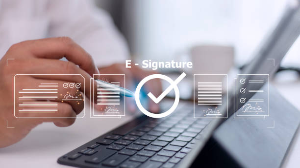 istock Online business contract Electronic signature, e-signing, digital document management, paperless office, signing business contract concept. 1429268835