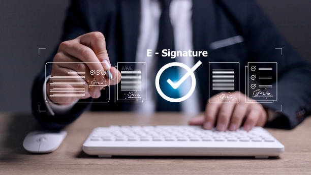 istock Online business contract Electronic signature, e-signing, digital document management, paperless office, signing business contract concept. 1429268841
