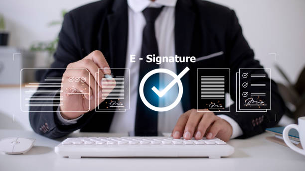 istock Online business contract Electronic signature, e-signing, digital document management, paperless office, signing business contract concept. 1429268863