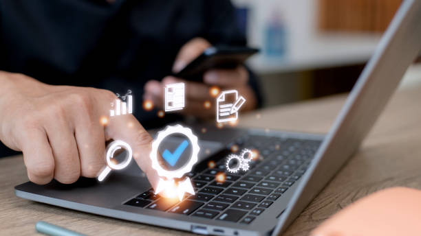istock Quality management with Quality Assurance or QA and Quality Control or QC and improvement. Standardization and certification concept. Compliance to regulations and standards. 1429268937