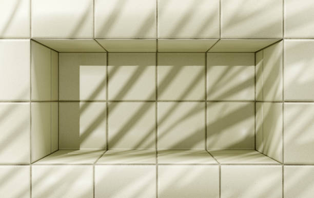 istock Beige pastel tiles bathroom or kitchen background with podium 1429270820