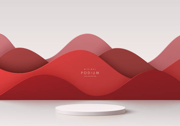 Realistic 3D white cylinder pedestal podium with dark red wavy layers paper cut style background. Abstract geometric minimal scene for mockup products display, Round stage for showcase. Vector EPS10. vector art illustration