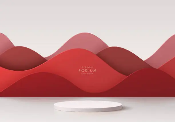 Vector illustration of Realistic 3D white cylinder pedestal podium with dark red wavy layers paper cut style background. Abstract geometric minimal scene for mockup products display, Round stage for showcase. Vector EPS10.