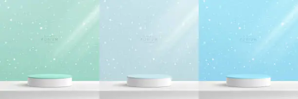 Vector illustration of Set of 3d green, blue, white realistic cylinder pedestal podium with snow fall background. Merry christmas concept. Vector geometric form. Abstract minimal scene mockup product display, stage showcase