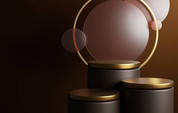 istock Gold edged podium and gold edged circle elegant and modern on dark brown background. 1429272918