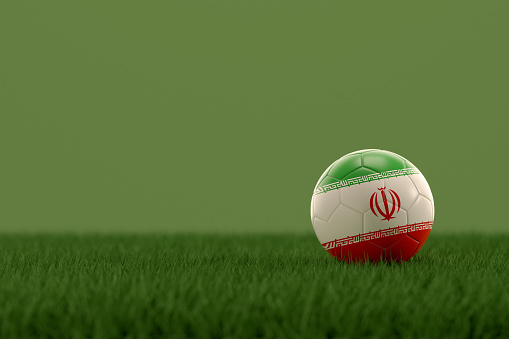 3d rendering of soccer ball with Iran flag on a grass field.