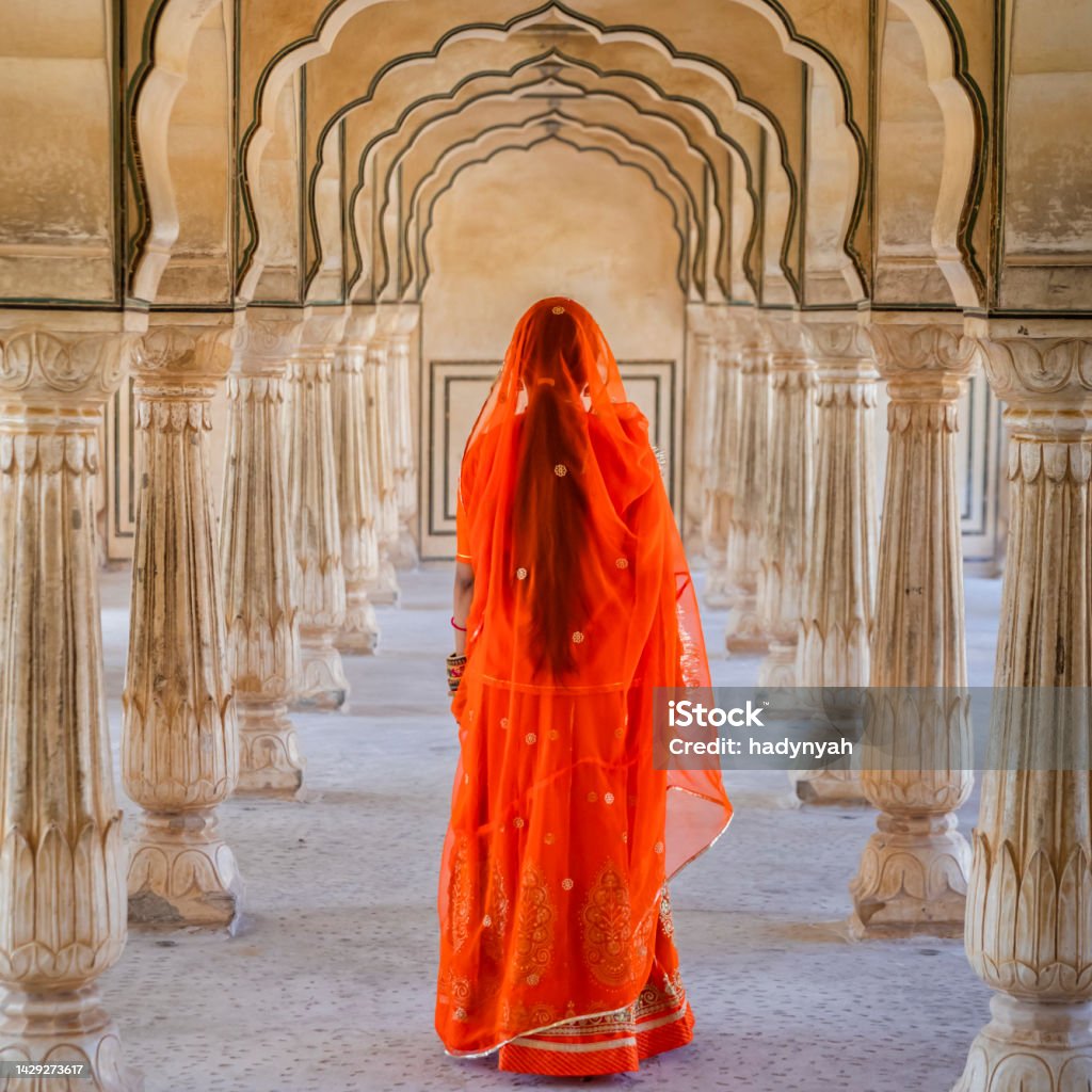 Young Indian woman posing in one of an ancient Rajasthani palaces Young Indian woman, wearing sari, posing in one of an ancient Rajasthani palaces. Sari Stock Photo