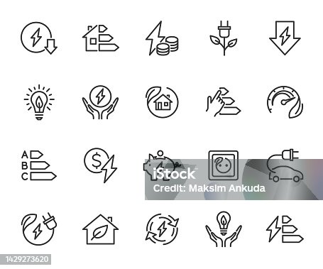 istock Vector set of energy saving line icons. Contains icons energy efficiency, power consumption, energy costs, green house, reduction consumption, electric car and more. Pixel perfect. 1429273620