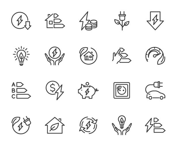 Vector set of energy saving line icons. Contains icons energy efficiency, power consumption, energy costs, green house, reduction consumption, electric car and more. Pixel perfect. Vector set of energy saving line icons. Contains icons energy efficiency, power consumption, energy costs, green house, reduction consumption, electric car and more. Pixel perfect. electricity symbols stock illustrations