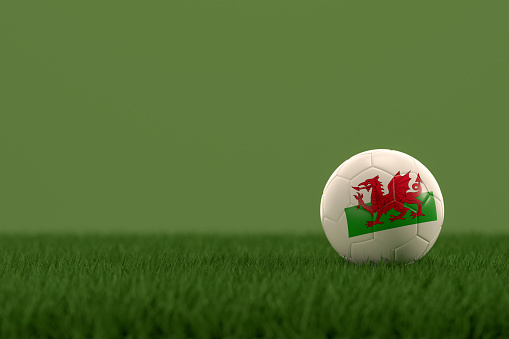 3d rendering of soccer ball with Wales flag on a grass field.