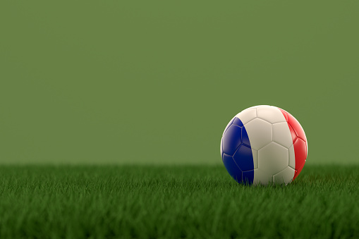 3d rendering of soccer ball with France flag on a grass field.