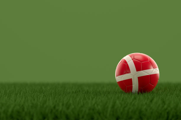 3d rendering of soccer ball with Denmark flag on a grass field.