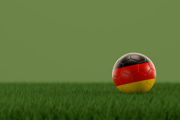 3d rendering of soccer ball with Germany flag on a grass field.