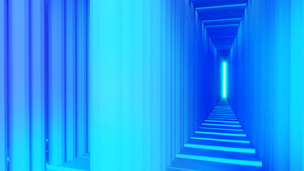 Abstract background of pillar structures and light channel corridors.,Blue Gradient pillar structure,big structure mystery,3d rendering
