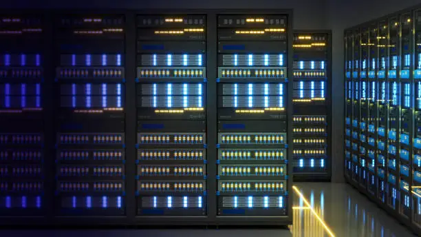 Photo of Shot of Data Center With Multiple Rows of Fully Operational Server Racks. Modern Telecommunications, Artificial Intelligence,server room,server room,3d rendering