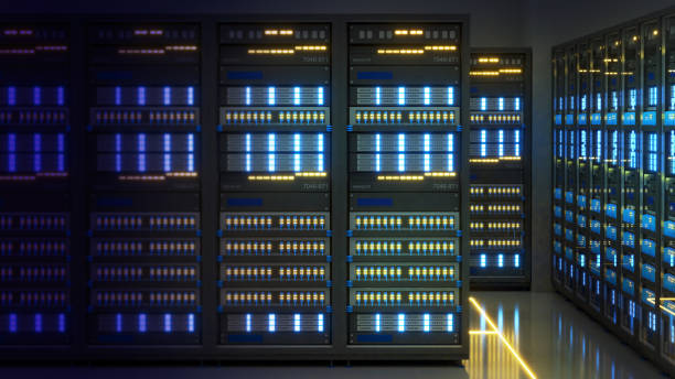 shot of data center with multiple rows of fully operational server racks. modern telecommunications, artificial intelligence,server room,server room,3d rendering - computer storage compartment connection order imagens e fotografias de stock