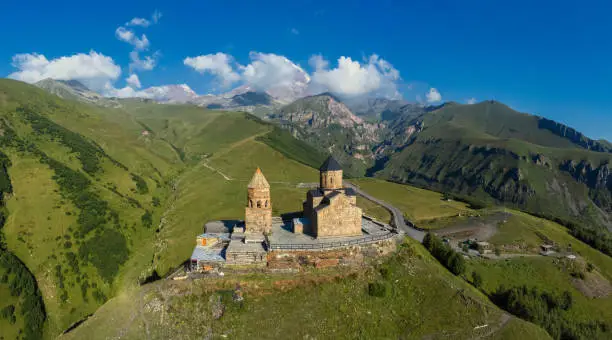 Panorama of Gergeti Trinity Church, Stepantsminda (Kazbegi), Georgia, Caucasus mountains