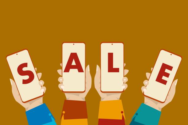 istock Flat vector hand with phone. Hand holding mobile phone with screen with SALE letters on it. online shopping concept in application. suitable for digital store promotion, web and advertising 1429280533