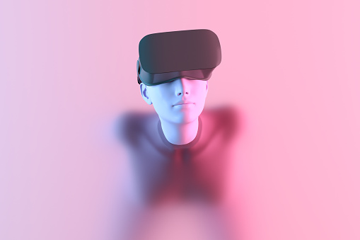 Woman with VR glasses enters the metaverse world through a transparent glass, 3d render.