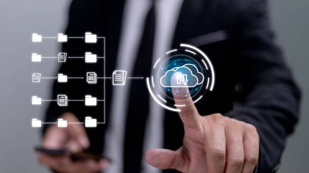 istock Document in folder to manage a hybrid cloud system and download or upload data to cloud computing. document management concept. 1429282830
