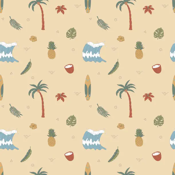 Vector illustration of Seamless pattern with hand-drawn elements with a surf theme. Wave, surf, palm trees and more.