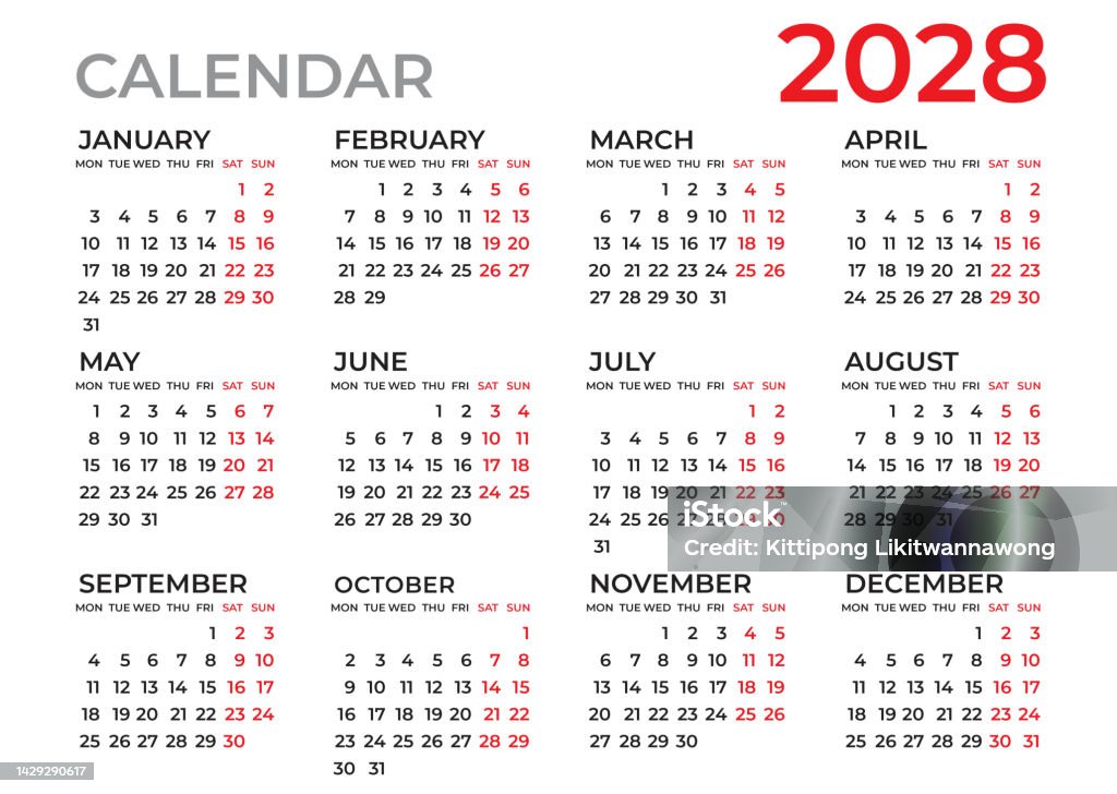 Vetores de Modelo Calendário 2028 Ano Planner 2028 Modelo Do Calendário