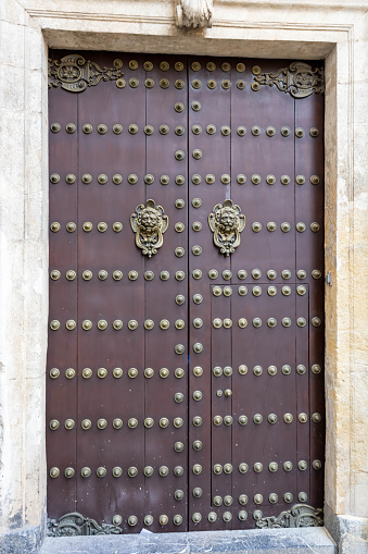 Monfero monastery church front door, close-up view. A Coruña province, Galicia, Spain.