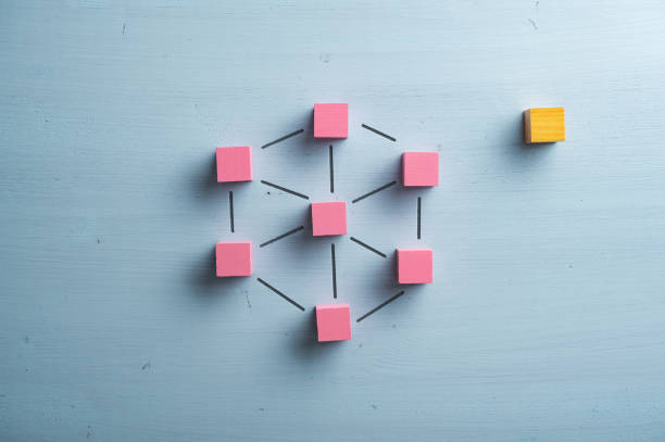 istock Network of pink wooden blocks connected with imaginary lines 1429301096