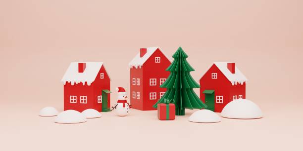 istock 3d rendering illustration, toy city with snowman, Christmas background 1429301861